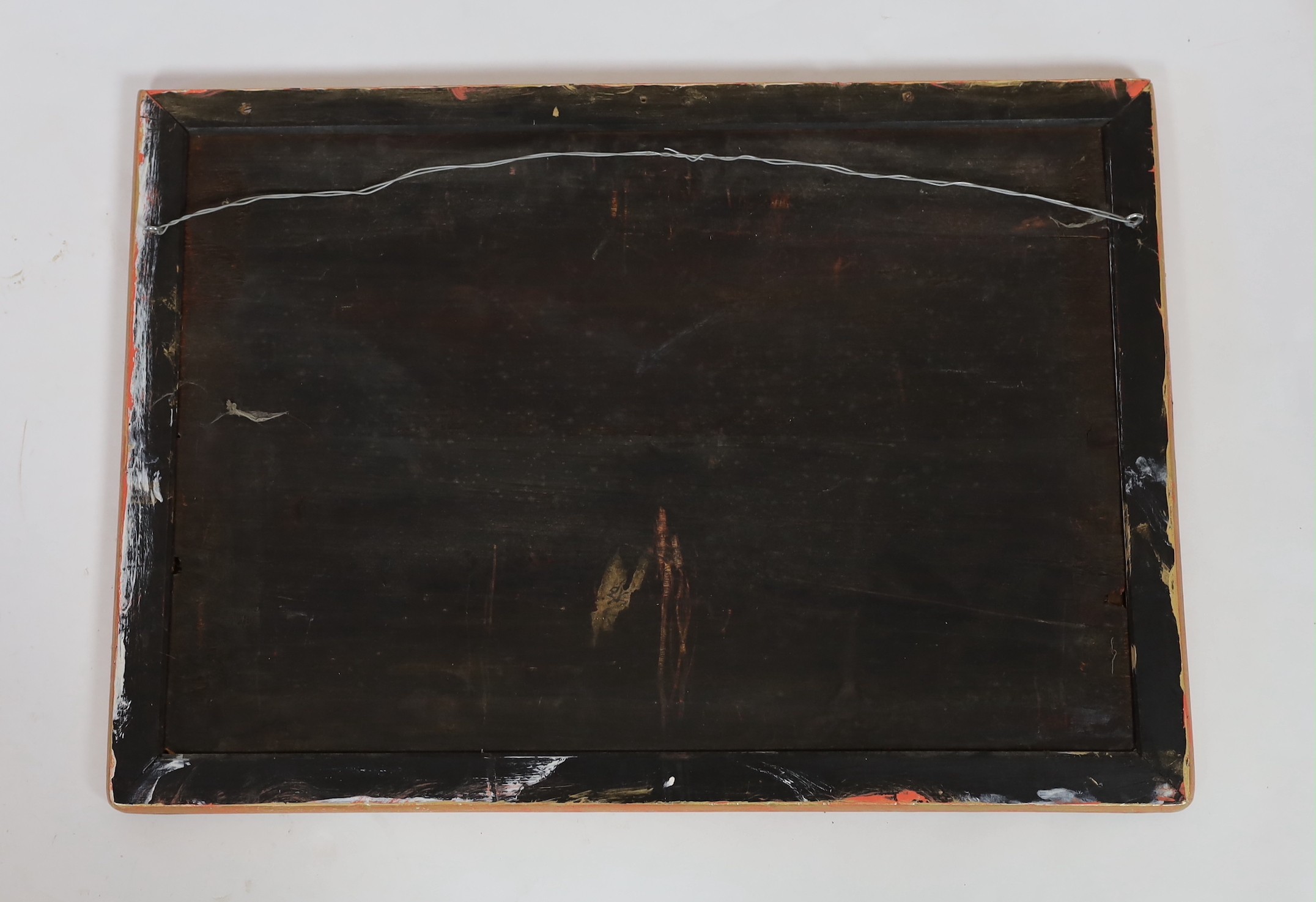 A 19th century Chinese reverse painted glass mirror, depicting a female scholar and figures in a garden, 38 x 59cm, in a period gilt frame